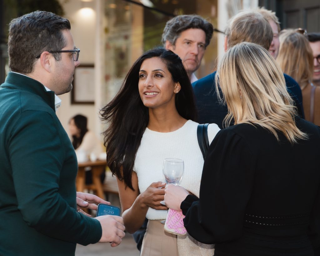OB Private Notting Hill office launch guest photography by 36 Studios — HNW network guests in conversation at luxury real estate event