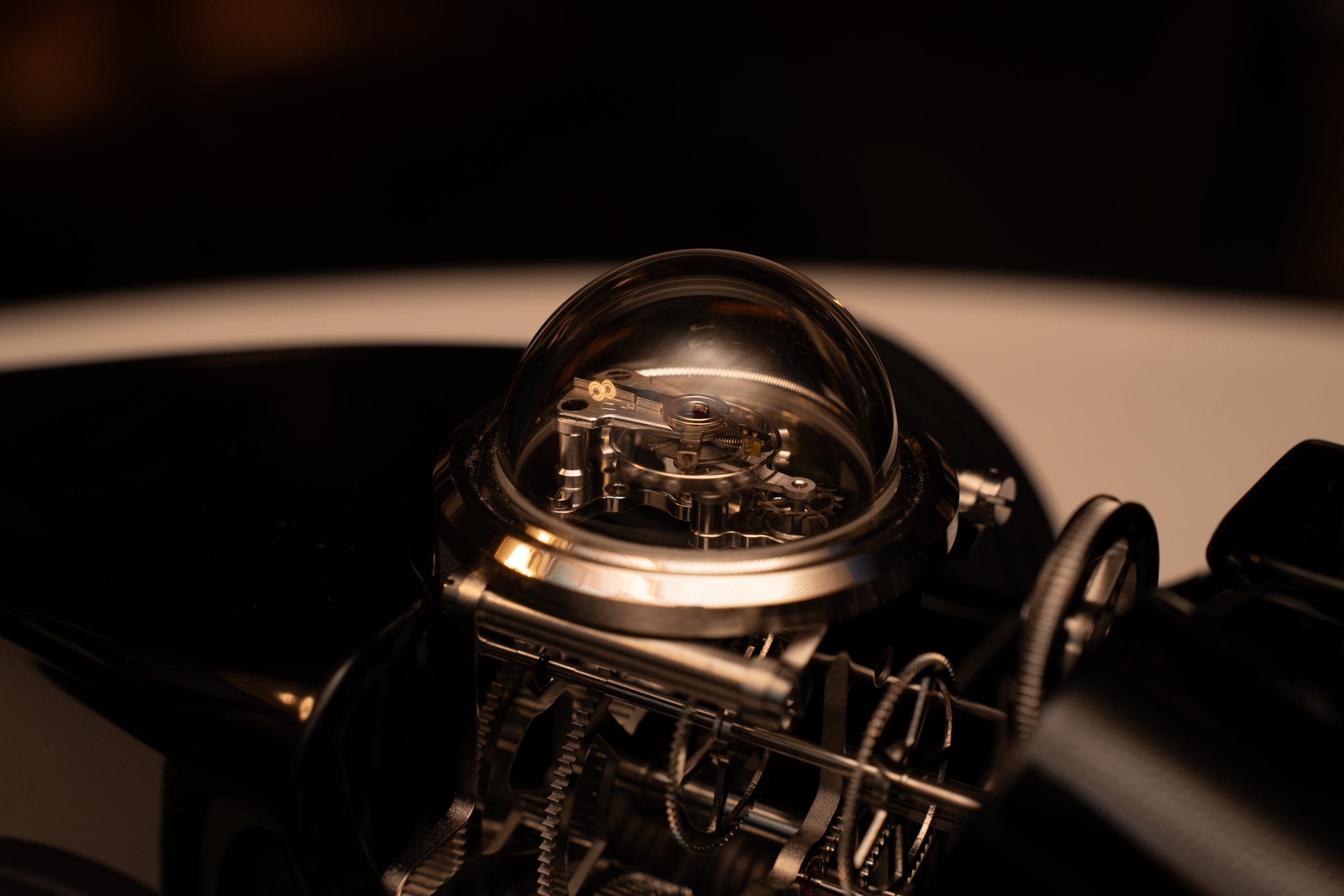Luxforte luxury timepiece product photography by 36 Studios — exposed mechanical movement with skeletal engine detail