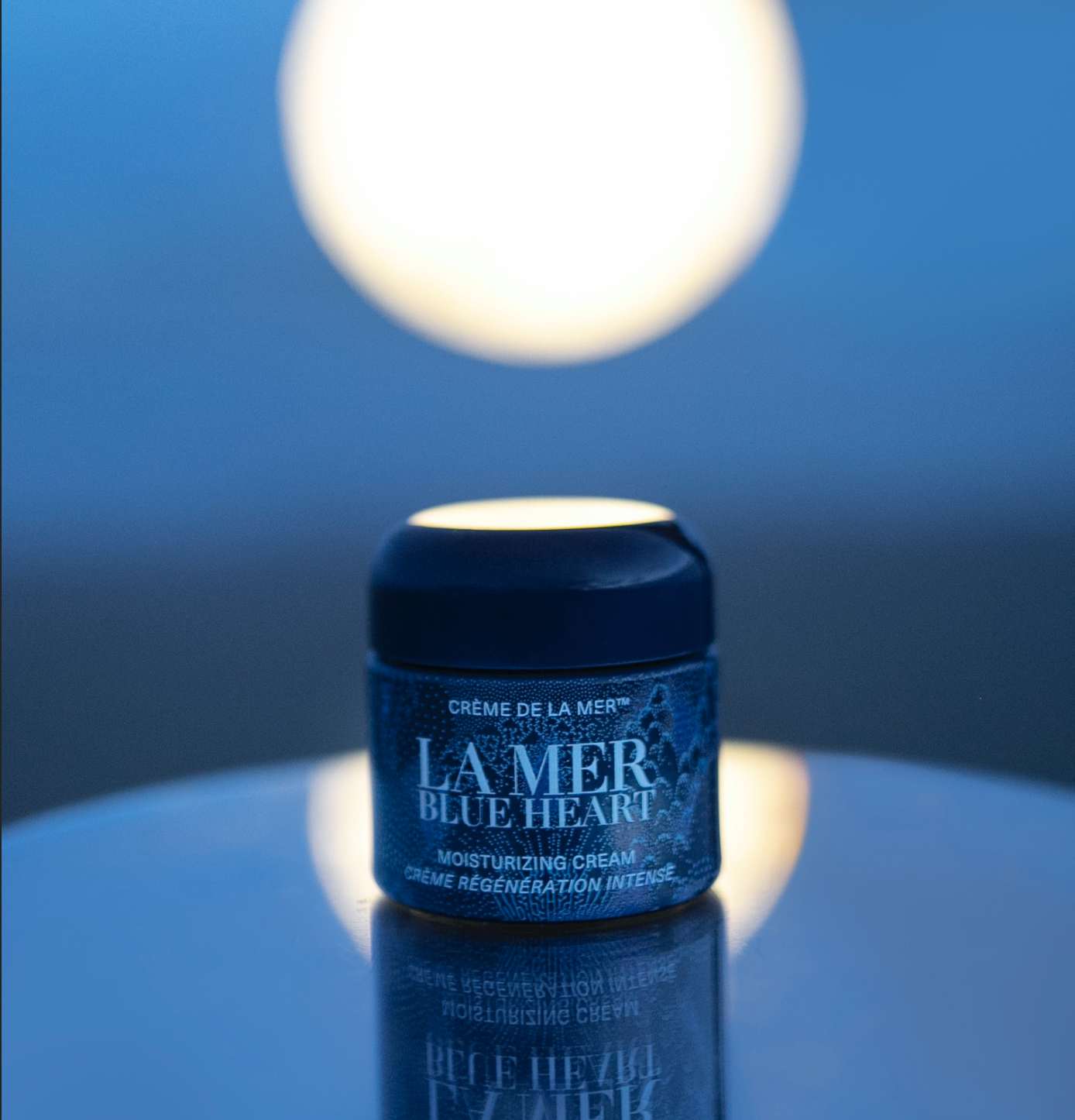 La Mer Blue Heart moisturizing cream product shot luxury skincare campaign with influencer Q Mike